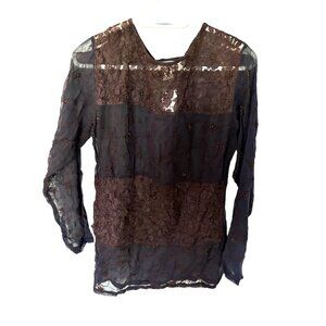 Papillon Black Brown Embroidered Sheer Lace Tunic Top Sz Small